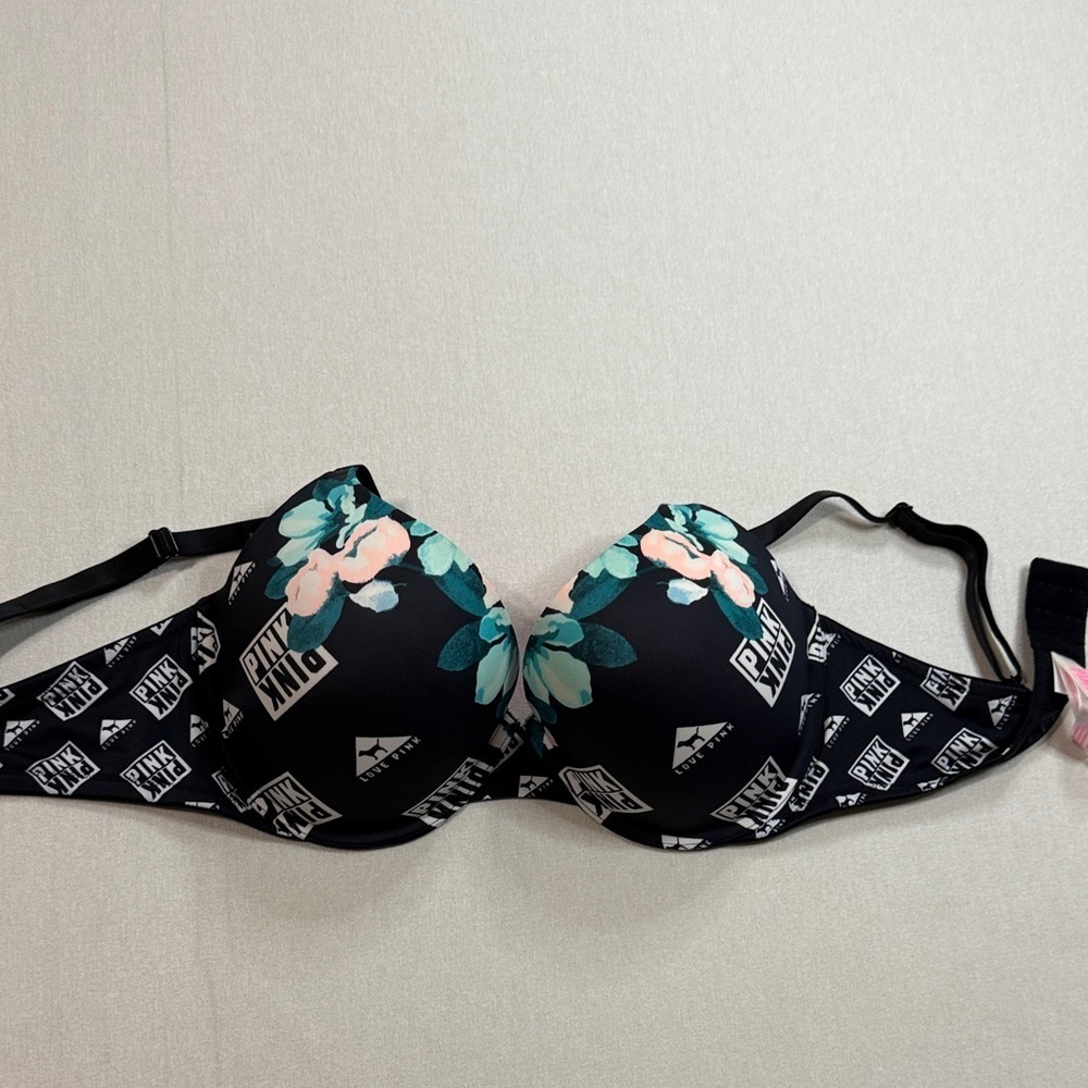 PINK Victoria's Secret Black and Green Floral Bra - Picture 4 of 5